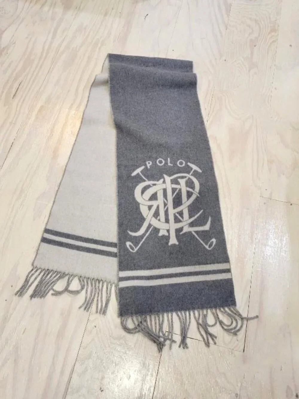 POLO RALPH LAUREN Men's Soft Wool Scarf Two Tone Gray Unisex Preppy ITALY